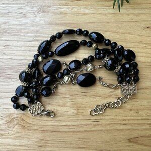 VTG LUG Bracelet Size 8.5 Adjust Black‎ Onyx Beaded 925 Sterling Five Strands
